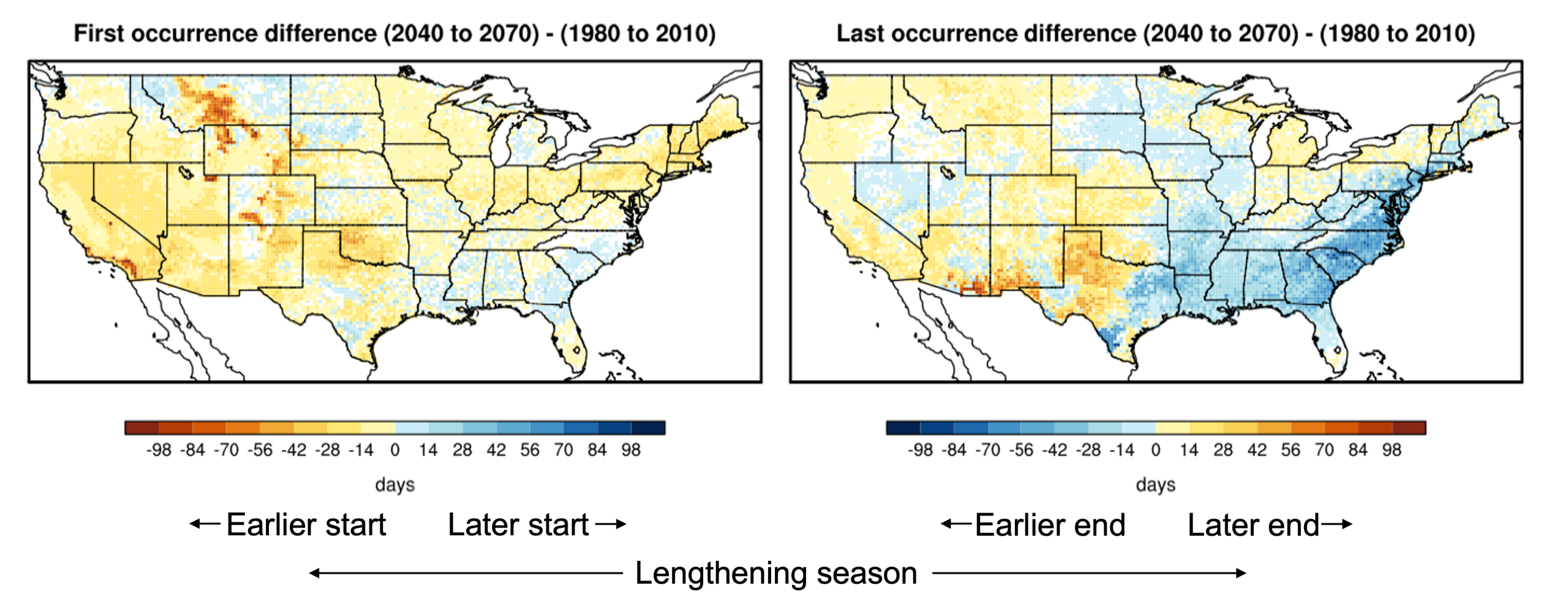 Two U.S. maps showing projected change in the beginning and end of fire season