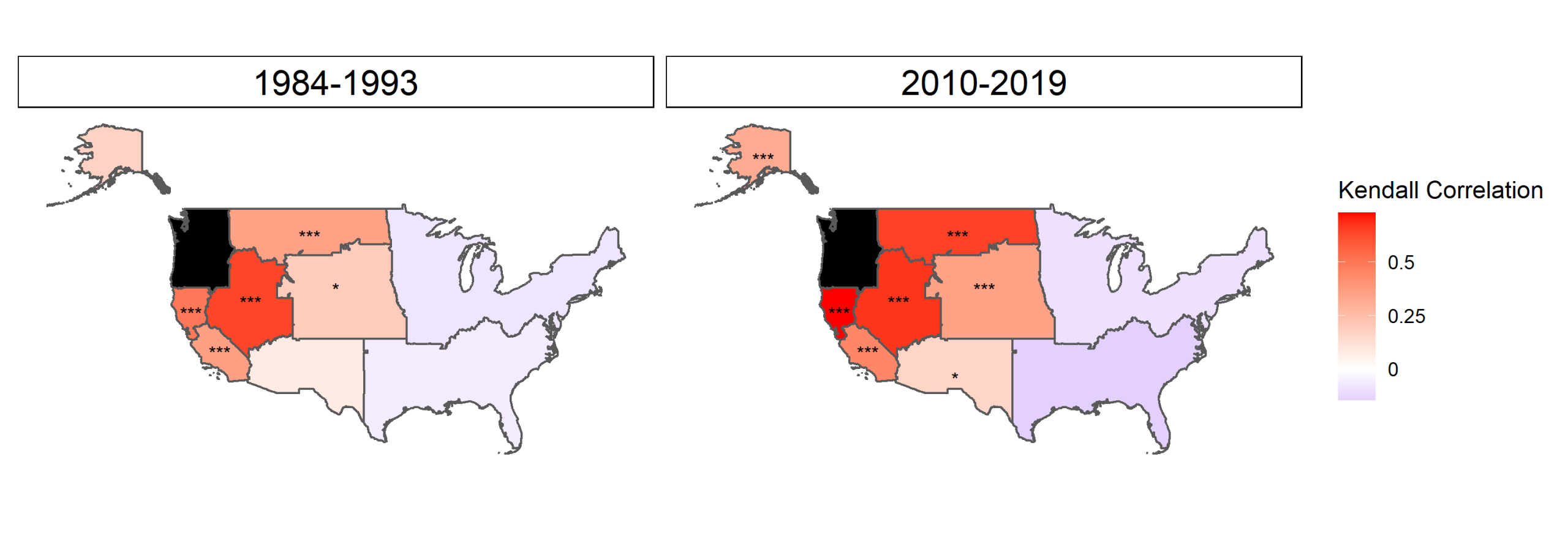 Correlation between the number of large fires (i.e., greater than the historic 75th percentile of size in that region) occurring per month in the Northwest Geographic Area Coordination Center ( NW GACC) and in other GACCs. Both maps are divided into regions, with each region representing one GACC. The NW GACC, is indicated in black, while all other GACCs are indicated in a color that represents the Kendall correlation between number of simultaneous fires in GACCs. Red shades indicate a positive correlation and blue indicate negative correlation. Statistical significance is denoted with asterisks, (*) corresponds to p < 0.05, (**) corresponds to p < 0.01 and (***) correspond to p < 0.001. Note: only positive correlations were statistically significant in this analysis. Data on simultaneous wildfire occurrence come from the Monitoring Trends and Burn Severity (MTBS) project . This visualization was made as part of NSF Growing Convergence Project 2019762.